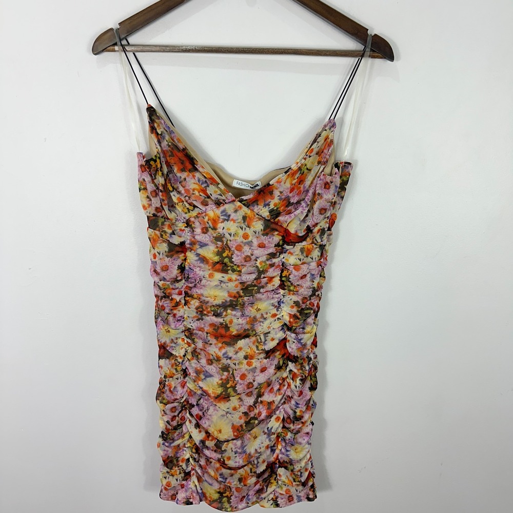 Fashion Nova Dress Womens Medium Multi Color Floral Ruched Mesh Mini Bodycon NEW